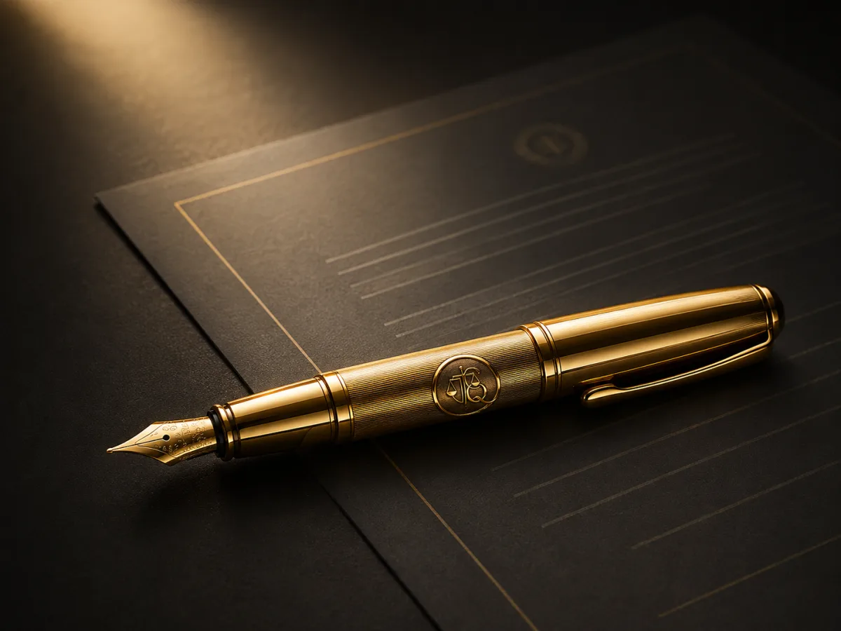 Caneta dourada sobre documento timbrado